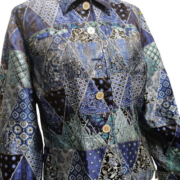 Coldwater Creek M womens vintage patchwork paisley triangle jacket blue silver - Picture 16 of 16